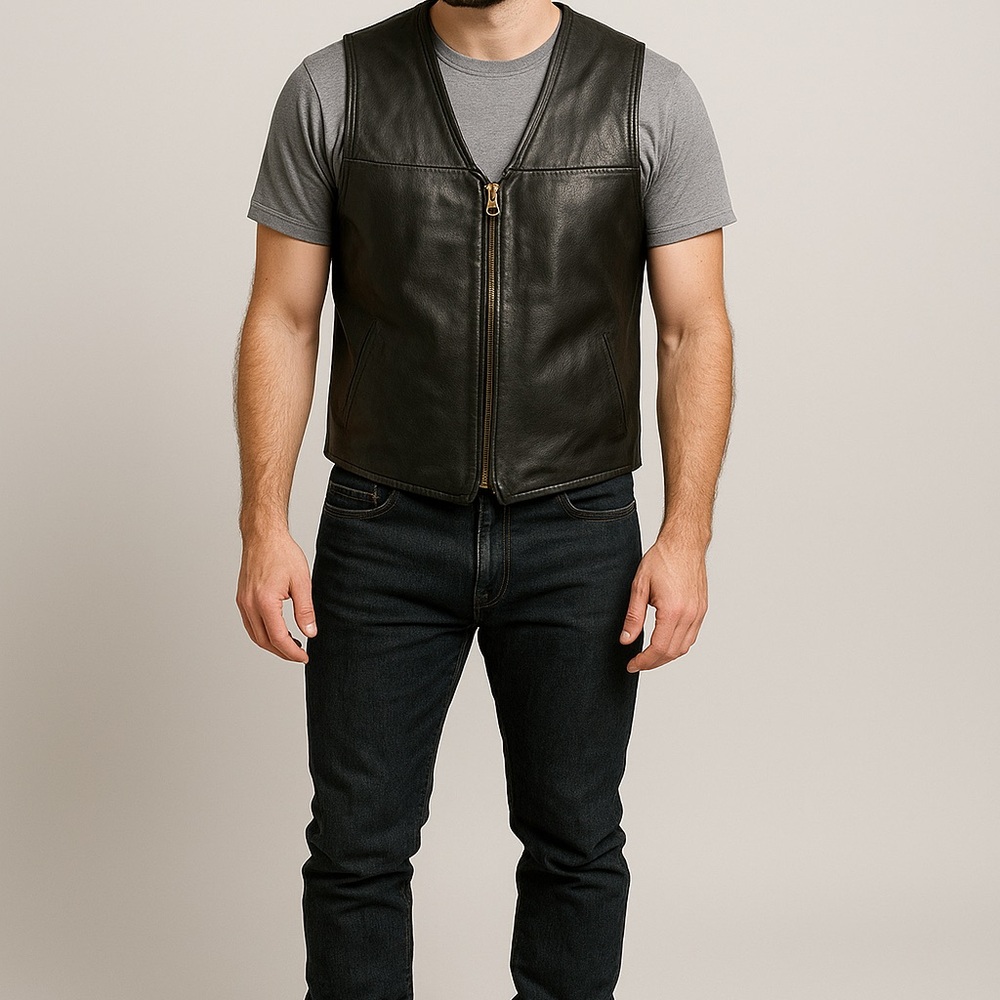 90s Chandler Hill Genuine Leather Vest Black L – Vintage Biker Grunge Streetwear - Picture 4 of 10